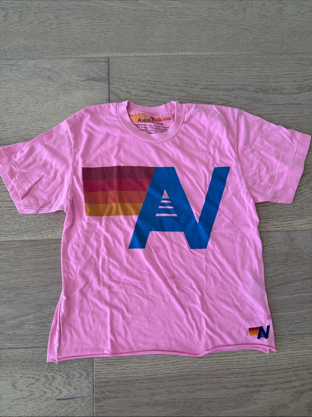 Aviator Nation Pink Tee with Blue 'A' and Sunset Stripes
